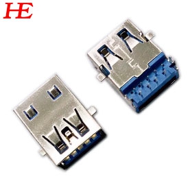 USB 3.0 A/F 沉板DIP H=4.46 無(wú)卷邊前貼后插 藍(lán)LCP 銅殼鍍鎳 半金G/F 卷裝