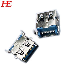 USB3.0 A/F 沉板SMT H=3.5 藍(lán)膠芯/ 腳距6.95 銅殼腳前貼后插（方腳）